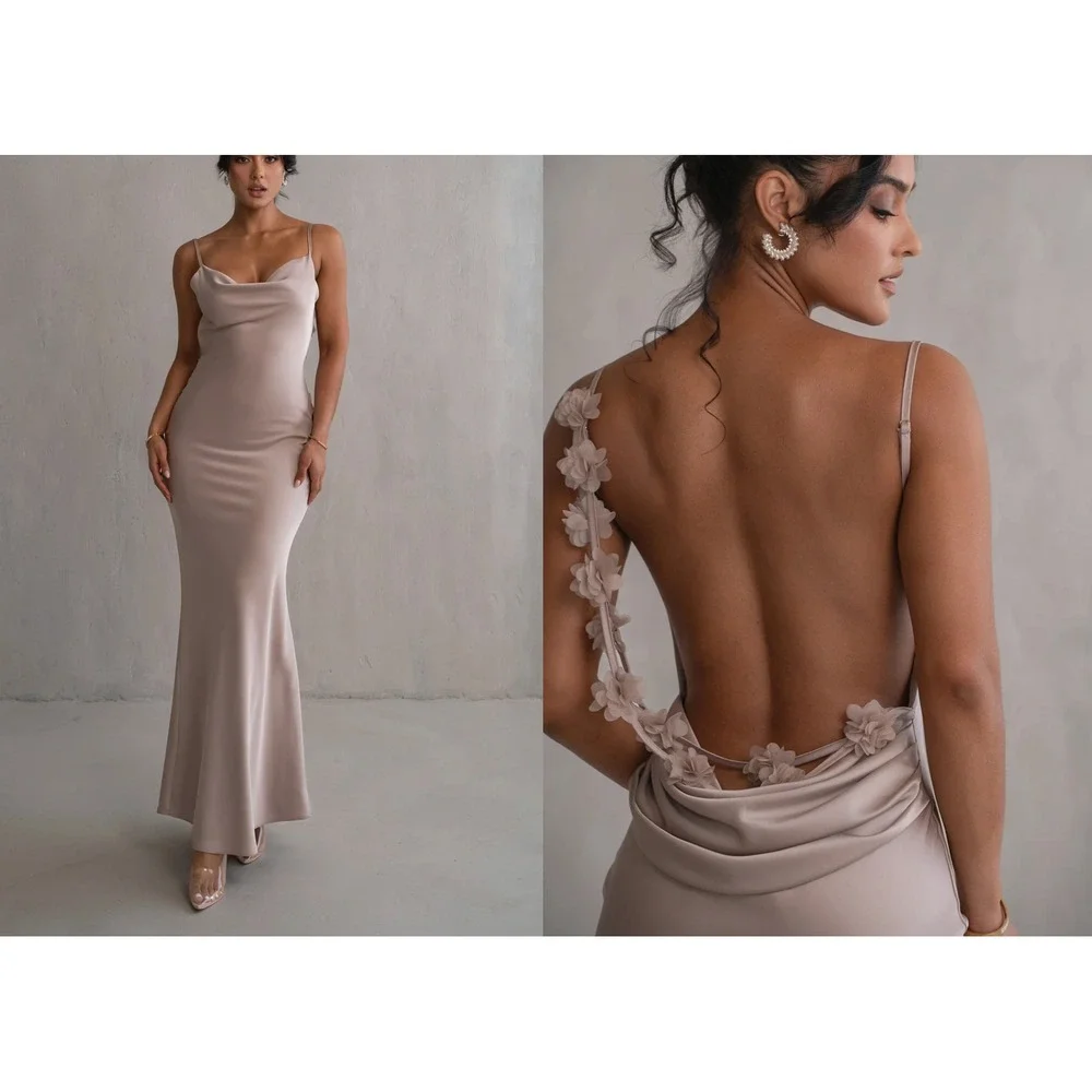 JLUXLABEL Down The Aisle Satin Maxi Dress Taupe Cowl Neck Floral Open Back Small - Picture 1 of 9
